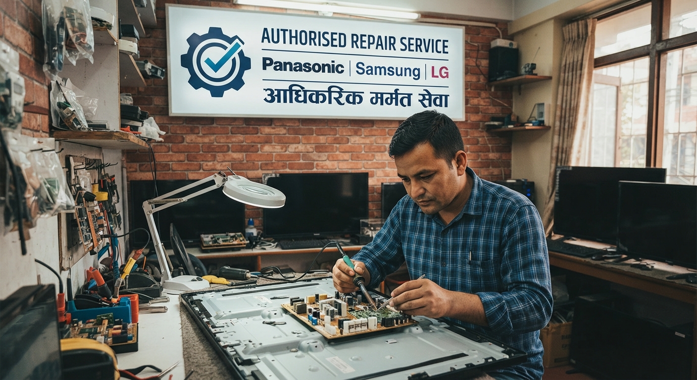 TV repair technician repairing an LED television motherboard at an authorised repair service centre