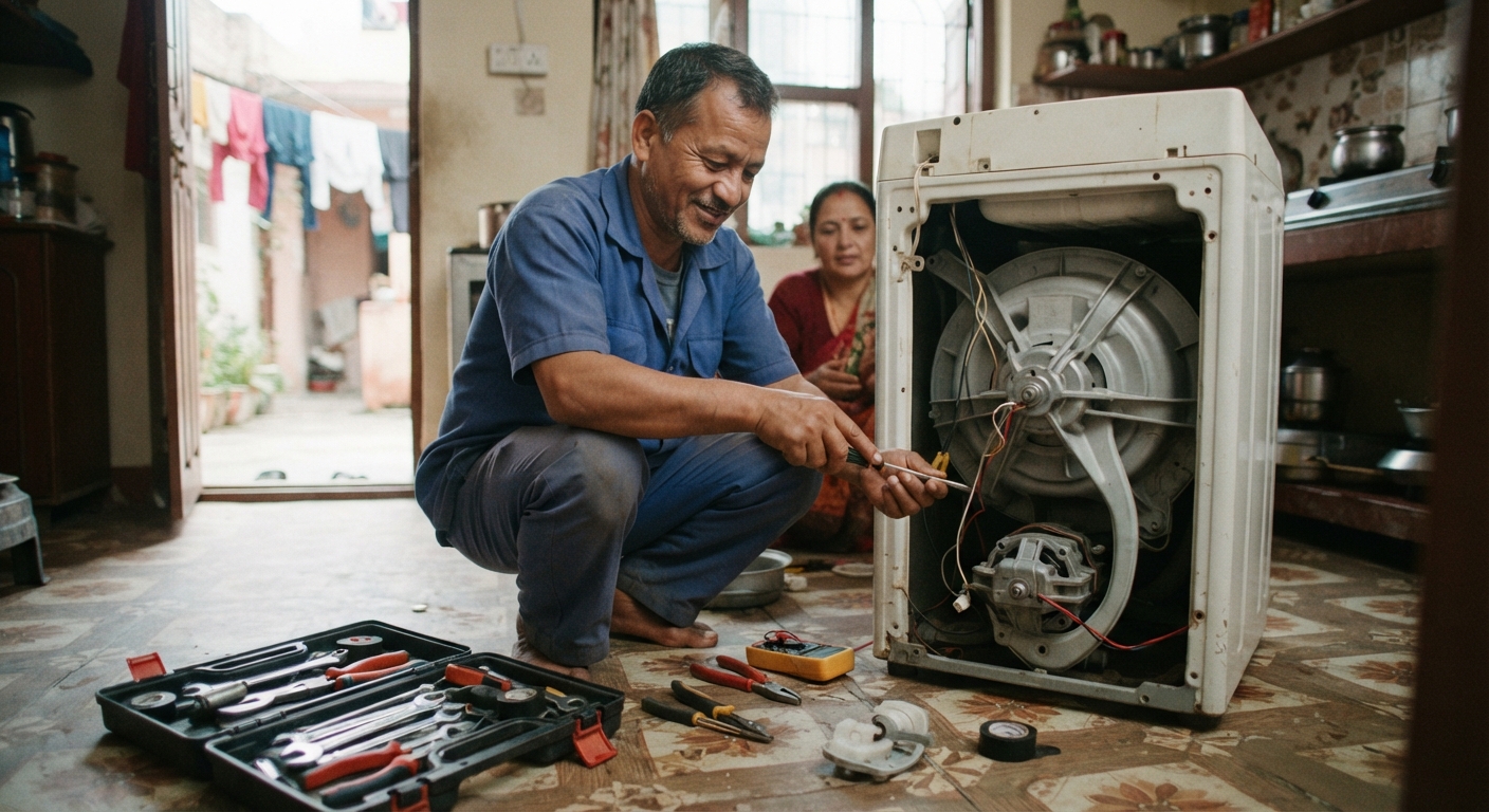 Washing machine repair service technician fixing a front load washer